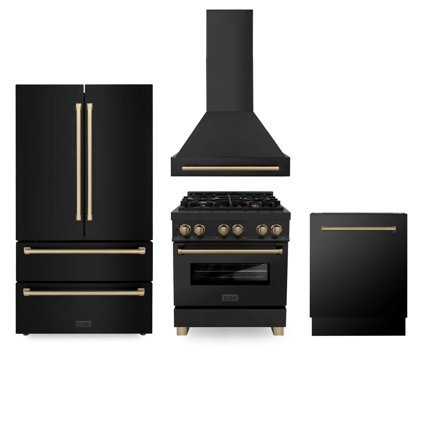 Complete Kitchen Set: ZLINE 30 in. Autograph Edition Dual Fuel Range, Hood, Dishwasher, and Refrigerator with Bronze Accents