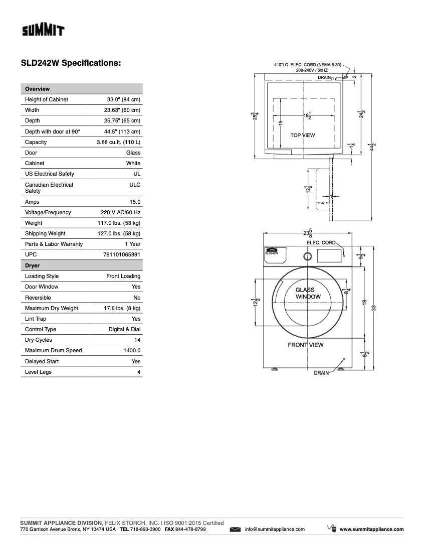 SUMMIT 24" Wide 208-240V Heat Pump Dryer (SLD242W)