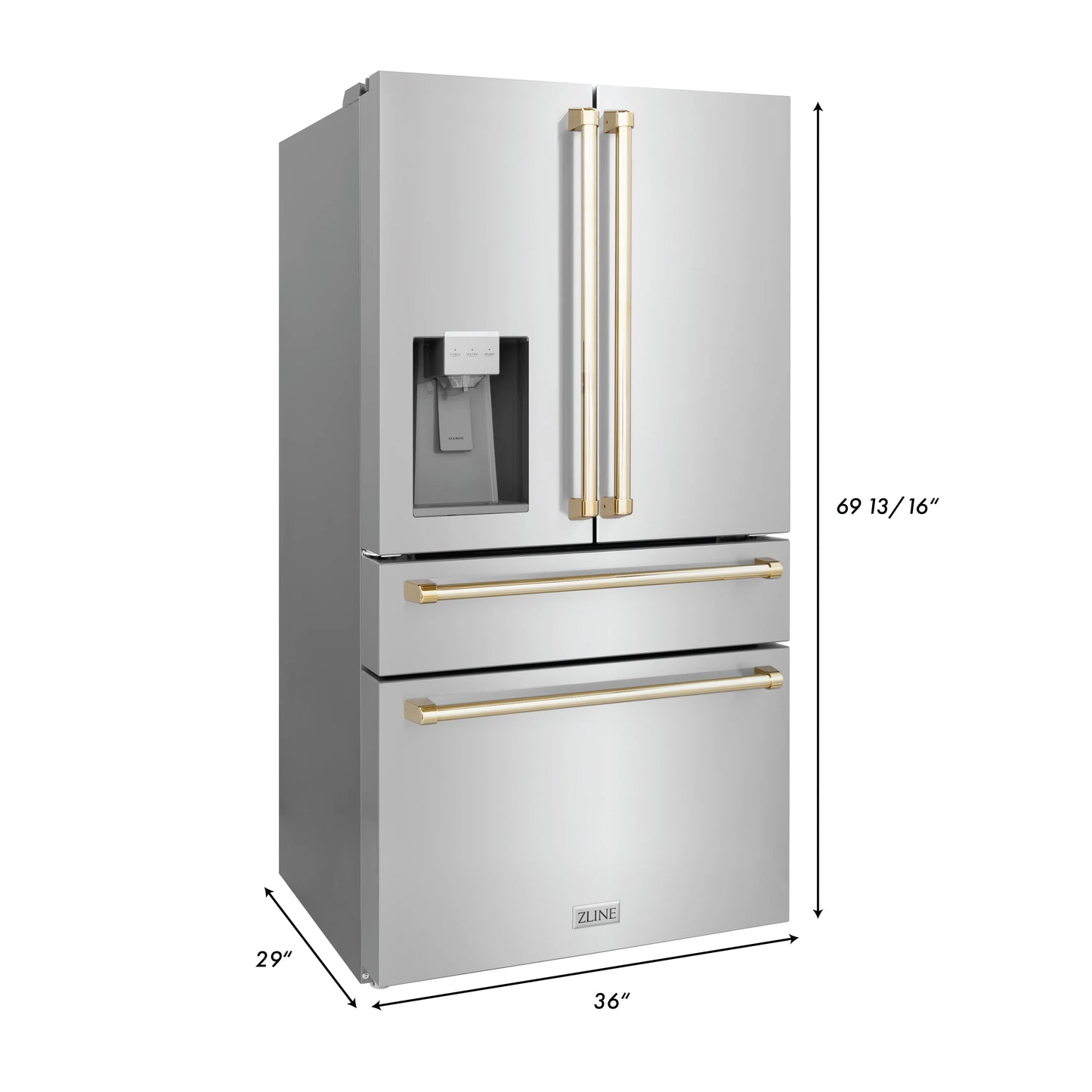 ZLINE 36 in. Autograph Edition French Door Refrigerator with Dispenser in Stainless Steel with Gold Accents (RFMZ-W-36-G)
