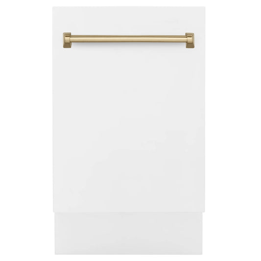 ZLINE Autograph Edition 18” Compact 3rd Rack Top Control Dishwasher in White Matte with Champagne Bronze Accent Handle, 51dBa (DWVZ-WM-18-CB)