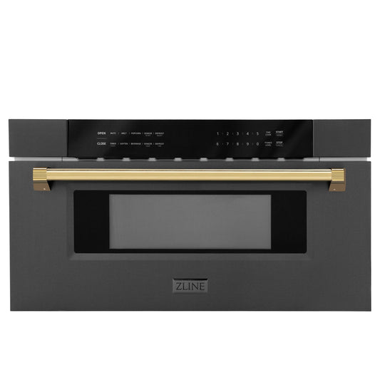ZLINE Autograph Edition 30 in. 1.2 cu. ft. Built-in Microwave Drawer in Black Stainless Steel with Polished Gold Accents (MWDZ-30-BS-G)