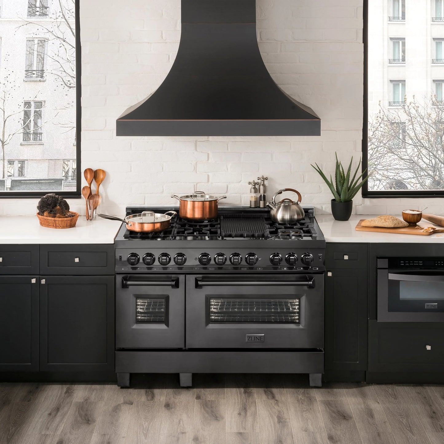 ZLINE 48 in. Dual Fuel Range with Gas Stove and Electric Oven in Black Stainless Steel with Brass Burners (RAB-BR-48)