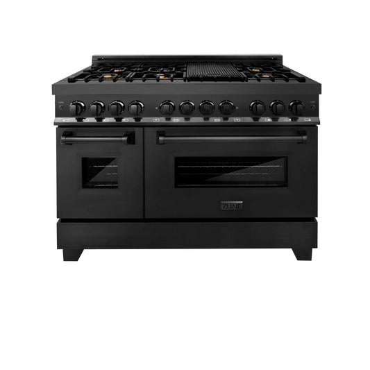 ZLINE 48 in. Dual Fuel Range with Gas Stove and Electric Oven in Black Stainless Steel with Brass Burners (RAB-BR-48)
