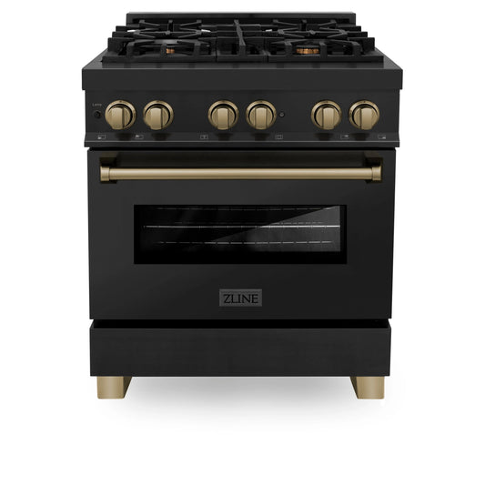 ZLINE Autograph Edition 30 in. Dual Fuel Range with Gas Stove and Electric Oven in Black Stainless Steel with Champagne Bronze Accents (RABZ-30-CB)