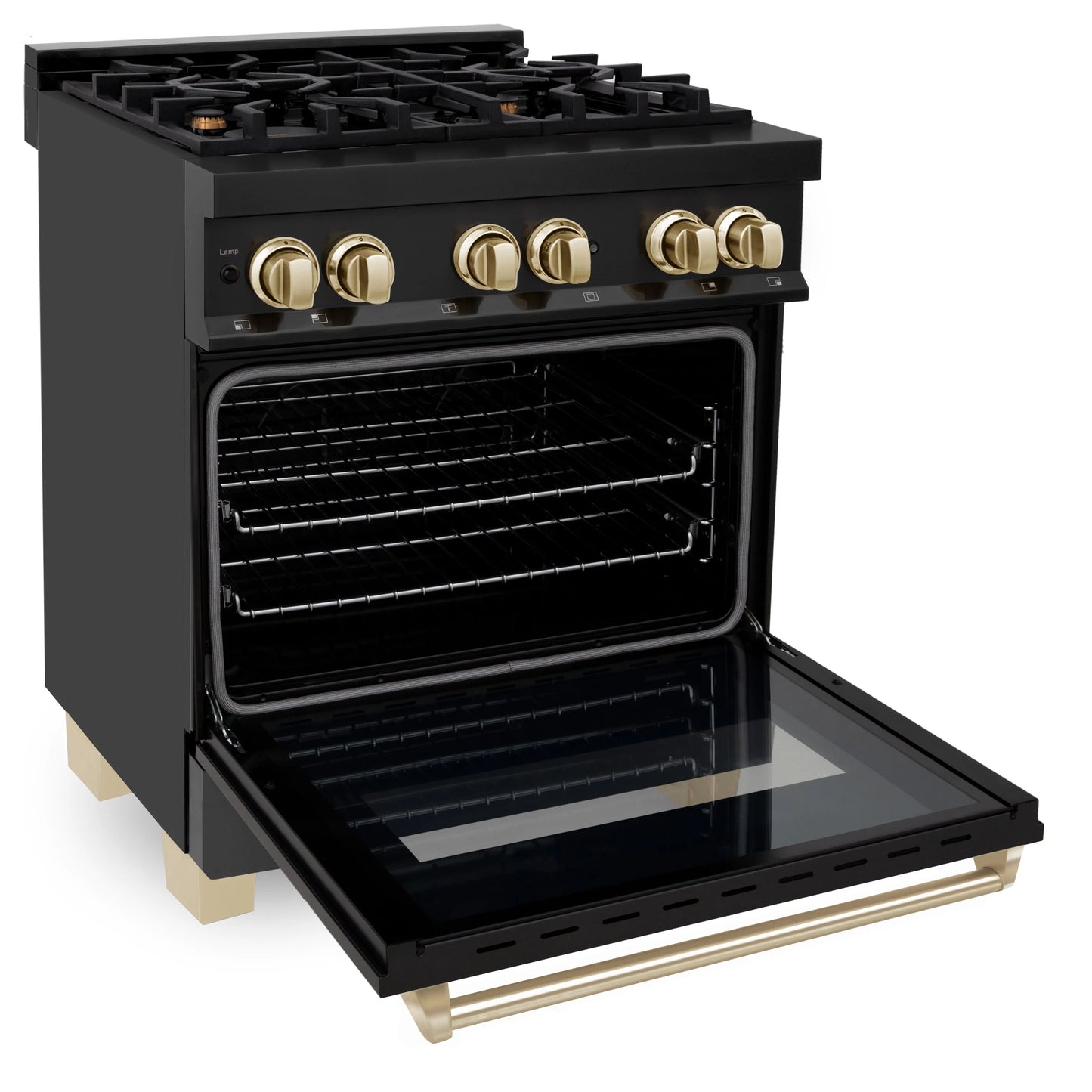 ZLINE Autograph Edition 30 in. Dual Fuel Range with Gas Stove and Electric Oven in Black Stainless Steel with Gold Accents (RABZ-30-G)