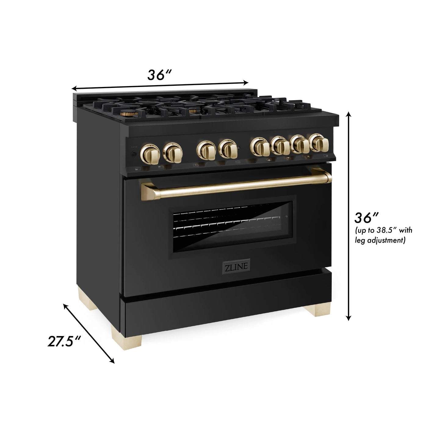 ZLINE Autograph Edition 36 in. Dual Fuel Range with Gas Stove and Electric Oven in Black Stainless Steel with Gold Accents (RABZ-36-G)