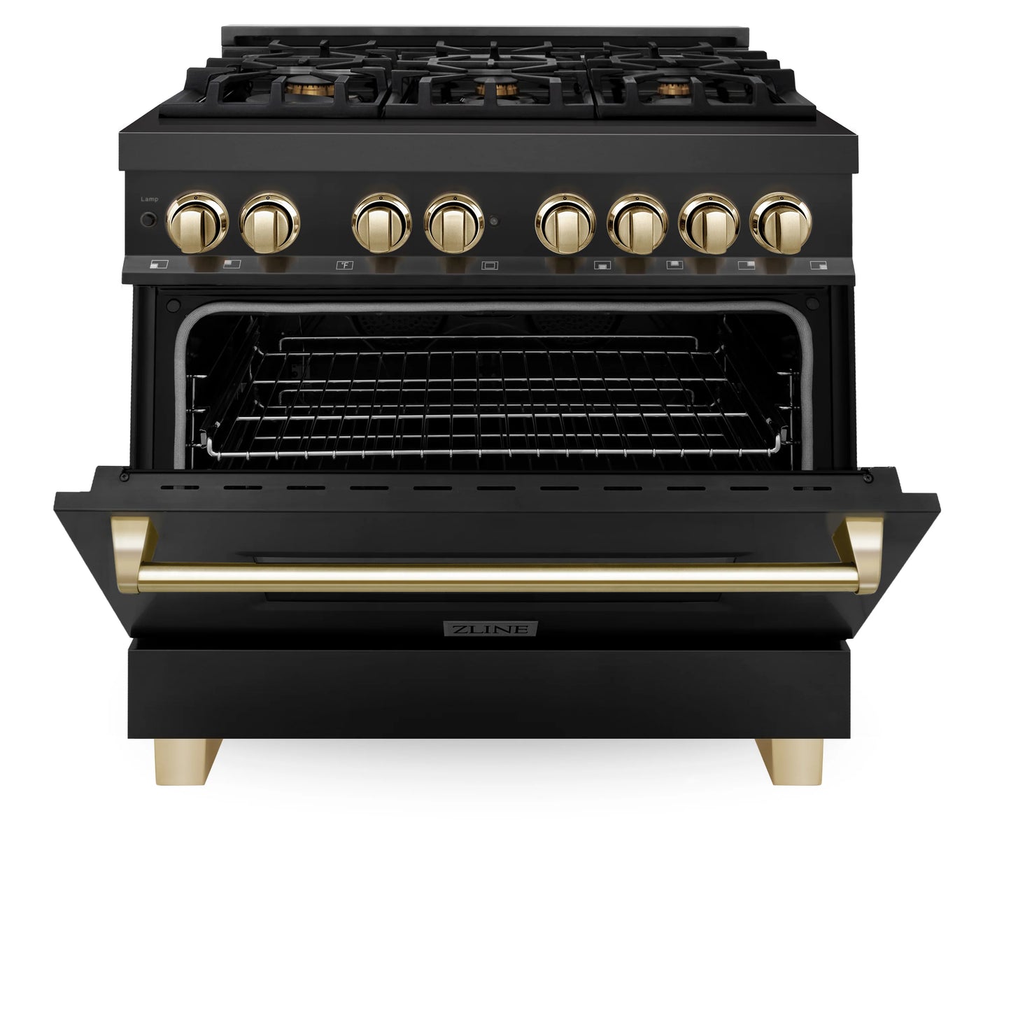 ZLINE Autograph Edition 36 in. Dual Fuel Range with Gas Stove and Electric Oven in Black Stainless Steel with Gold Accents (RABZ-36-G)
