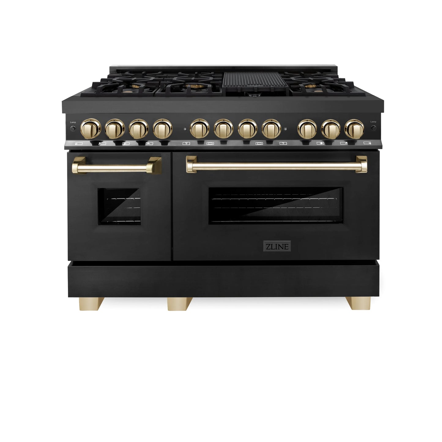 ZLINE Autograph Edition 48 in. Dual Fuel Range with Gas Stove and Electric Oven in Black Stainless Steel with Gold Accents (RABZ-48-G)