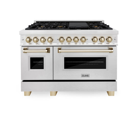 ZLINE Autograph Edition 48 in. Dual Fuel Range in DuraSnow Steel with Gold Accents (RASZ-SN-48-G)