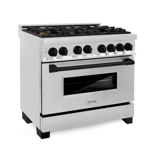 ZLINE Autograph Edition 36 in. Dual Fuel Range with Gas Stove and Electric Oven in Stainless Steel with Matte Black Accents (RAZ-36-MB)