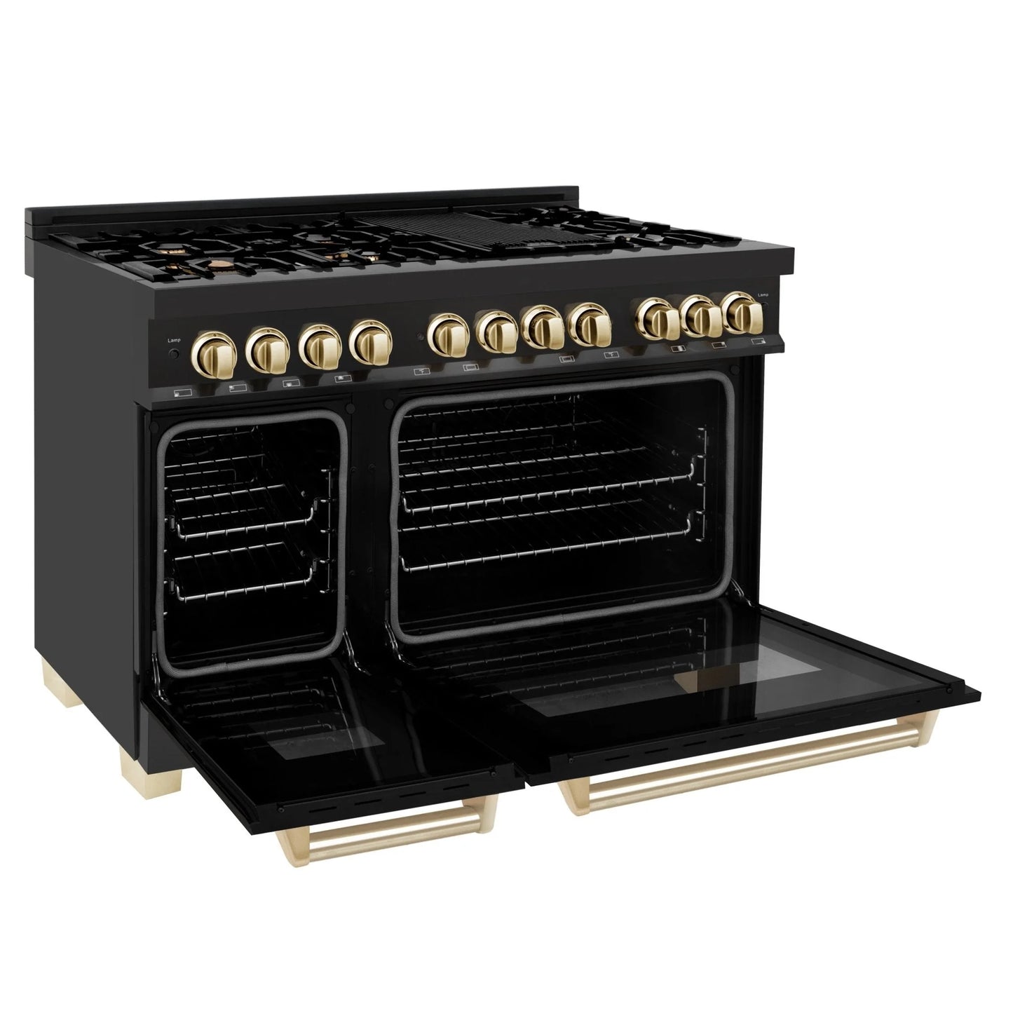 ZLINE Autograph Edition 48 in. Dual Fuel Range with Gas Stove and Electric Oven in Black Stainless Steel with Gold Accents (RABZ-48-G)