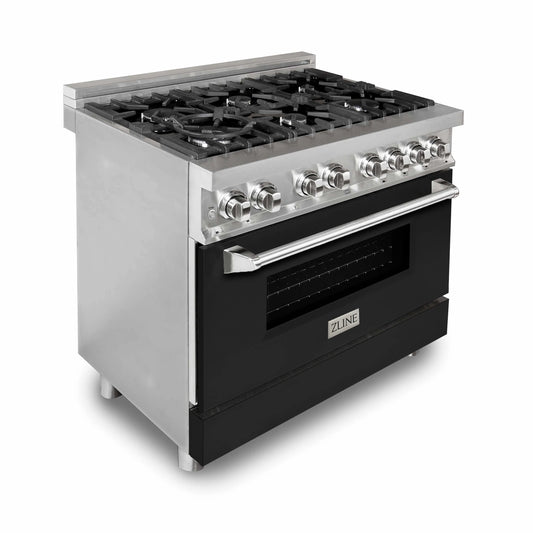 ZLINE 36 in. Dual Fuel Range with Gas Stove and Electric Oven in Stainless Steel and Black Matte Door (RA-BLM-36)